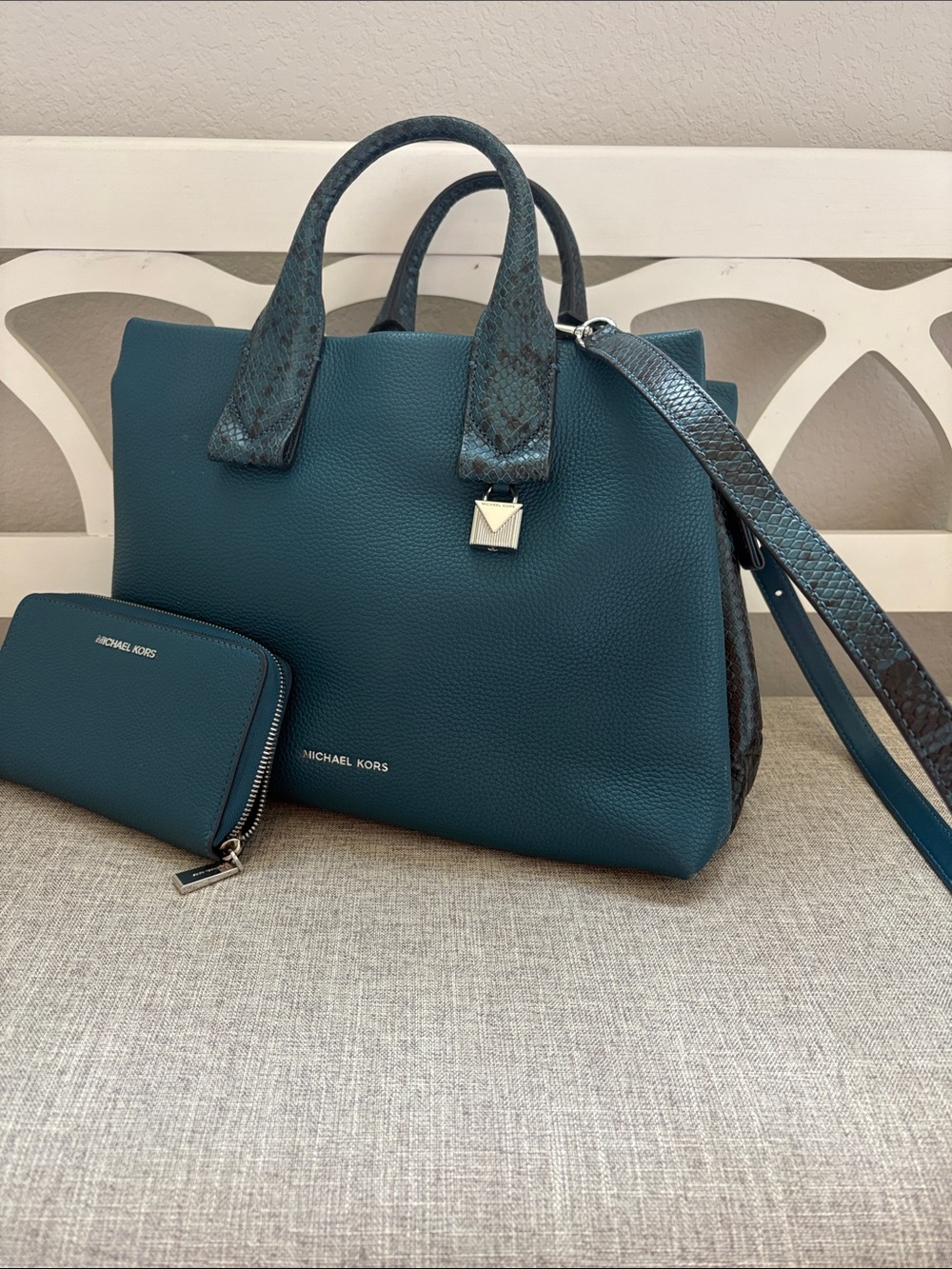 Michael Kors Teal Pebbled Leather Satchel with Matching Wallet